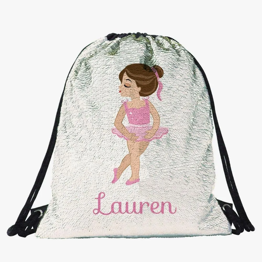 Ballerina Custom Kids Sequin Drawstring Bag | Personalized Backpacks