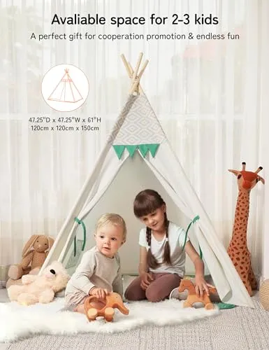besrey Teepee Tent for Kids with Padded Mat&Light String, Kids Tents Indoor Playhouse, Large Kids Tipi Tent, Play Tent for Toddler Boys Girls, Foldable Portable Toddler Reading Tent