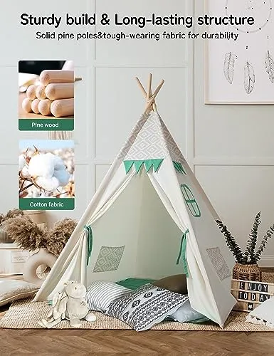 besrey Teepee Tent for Kids with Padded Mat&Light String, Kids Tents Indoor Playhouse, Large Kids Tipi Tent, Play Tent for Toddler Boys Girls, Foldable Portable Toddler Reading Tent