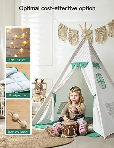 besrey Teepee Tent for Kids with Padded Mat&Light String, Kids Tents Indoor Playhouse, Large Kids Tipi Tent, Play Tent for Toddler Boys Girls, Foldable Portable Toddler Reading Tent