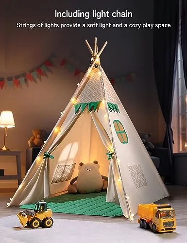 besrey Teepee Tent for Kids with Padded Mat&Light String, Kids Tents Indoor Playhouse, Large Kids Tipi Tent, Play Tent for Toddler Boys Girls, Foldable Portable Toddler Reading Tent