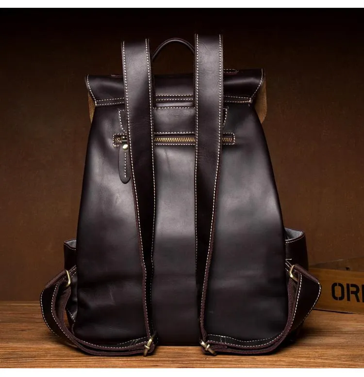 Brown Casual Mens Leather 15-inch Large Backpack Black Travel Backpacks School Backpacks for men