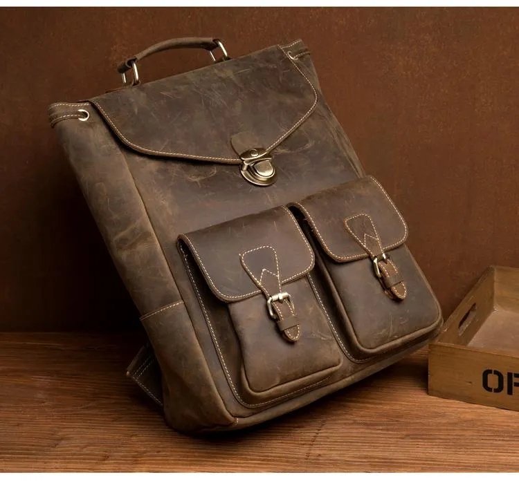 Brown Casual Mens Leather 15-inch Large Backpack Black Travel Backpacks School Backpacks for men