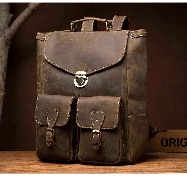 Brown Casual Mens Leather 15-inch Large Backpack Black Travel Backpacks School Backpacks for men