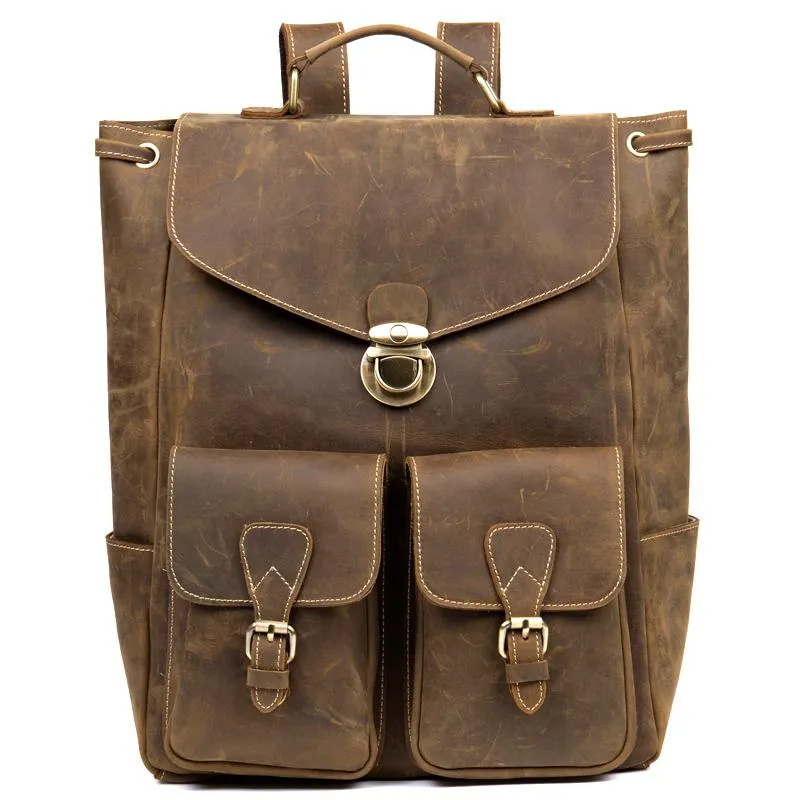 Brown Casual Mens Leather 15-inch Large Backpack Black Travel Backpacks School Backpacks for men