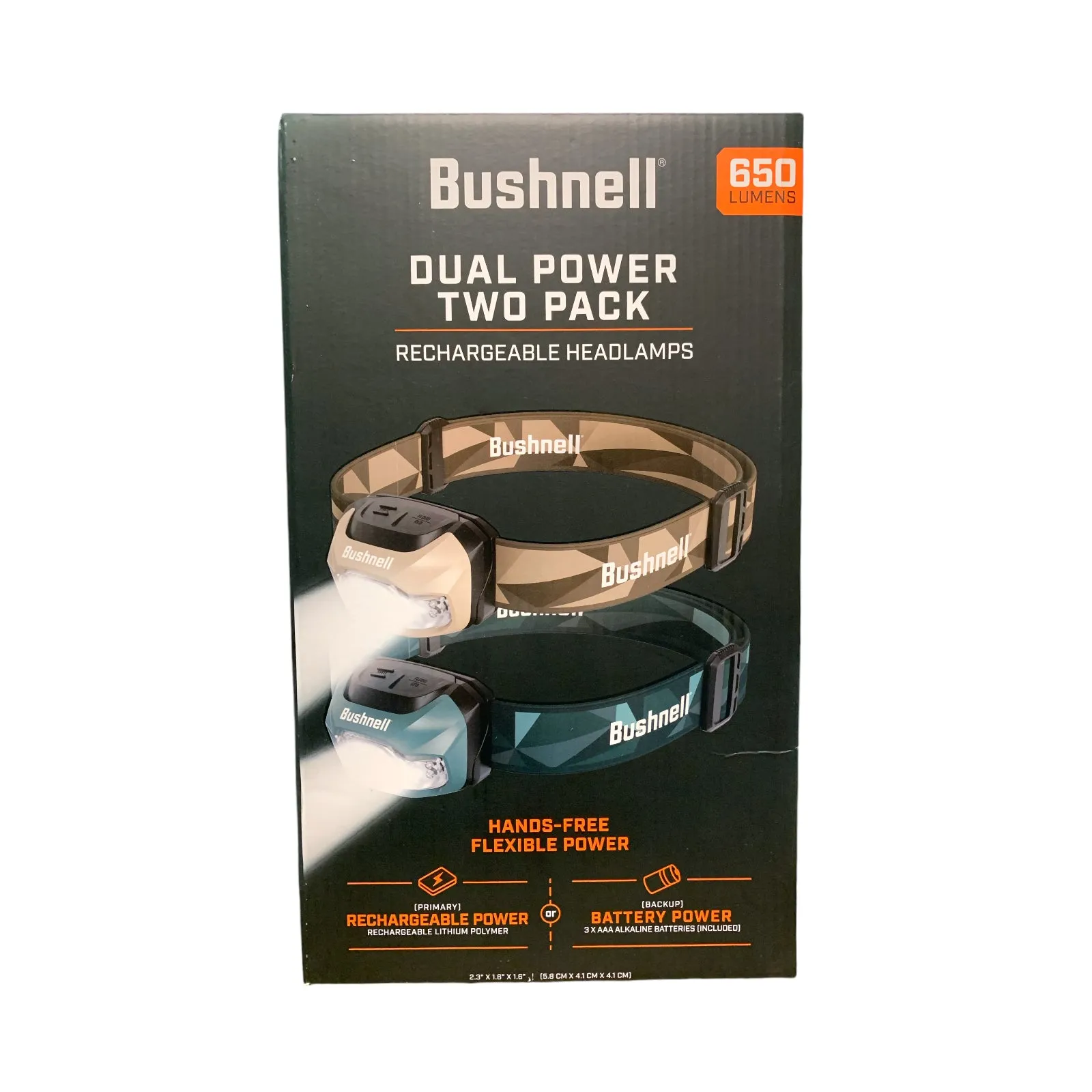 Bushnell Dual Power Rechargeable Headlamps 650 Lumens, Batteries Included 2 Pack