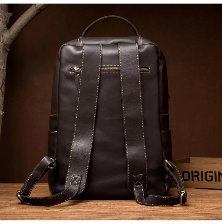 Casual Black Mens Leather 15-inch Computer Backpack Coffee Satchel Backpack School Backpacks for men