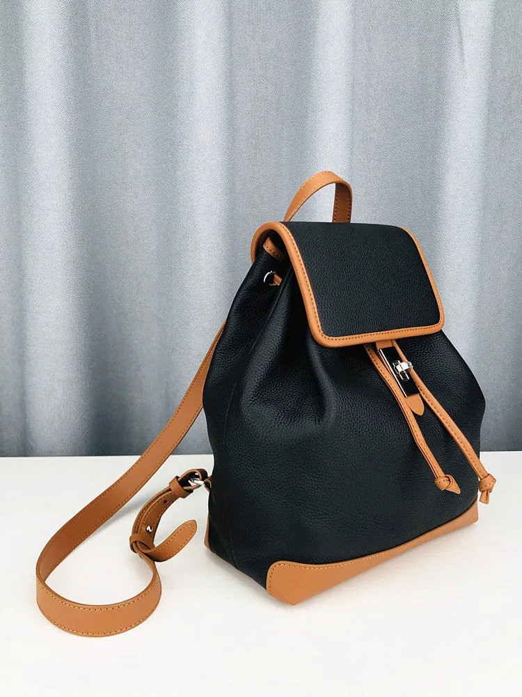 Color Block Classic Women Leather Backpack