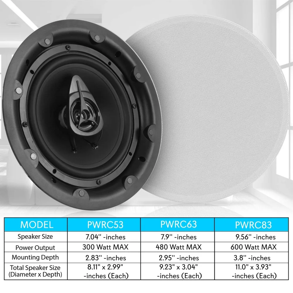 Dual 8" In-Wall / In-Ceiling Speakers - 2-Way Full Range Stereo Speaker System With Magnetic Grill (600 Watt)