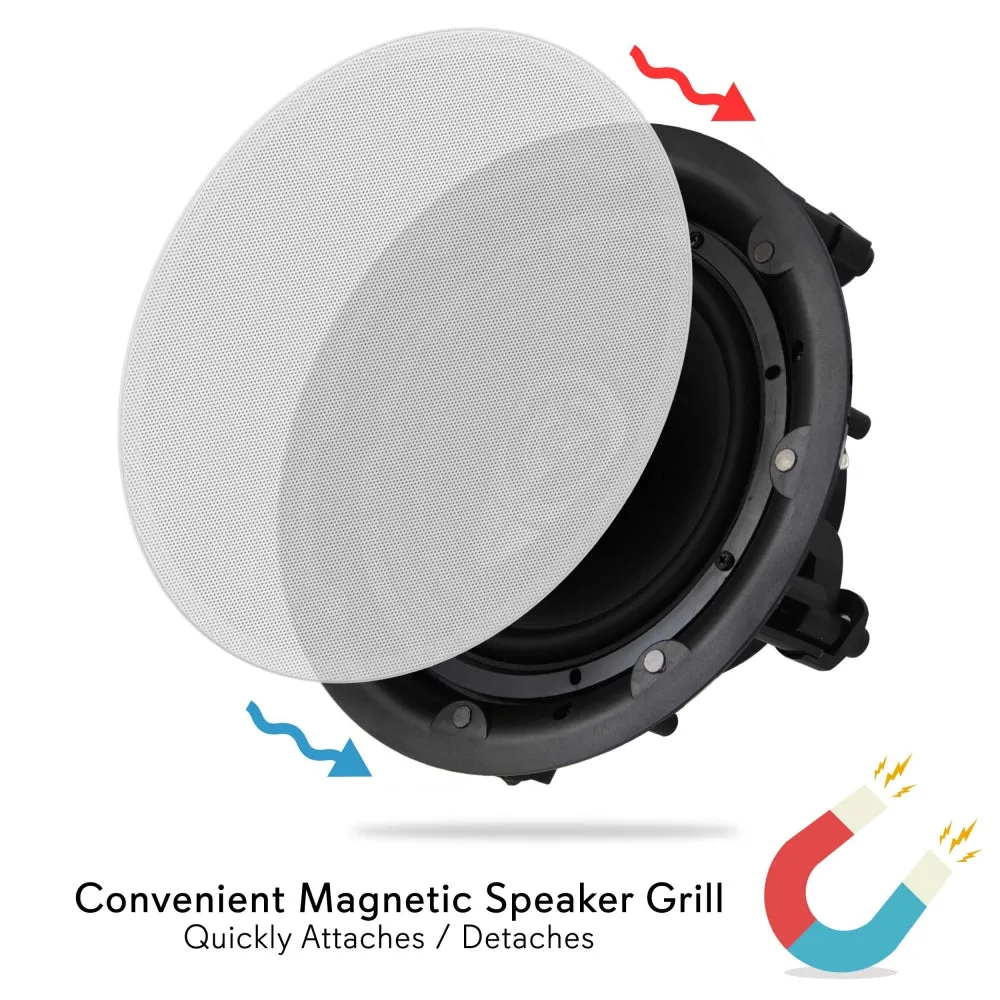 Dual 8" In-Wall / In-Ceiling Speakers - 2-Way Full Range Stereo Speaker System With Magnetic Grill (600 Watt)