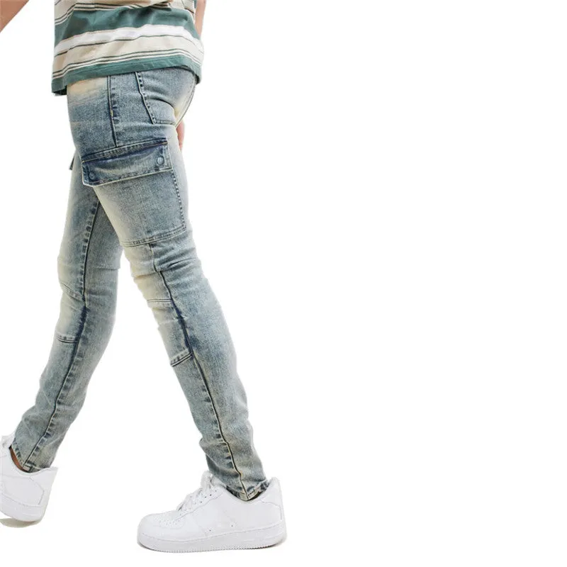 Fashion Skinny Men's Jeans Slim Mid Waisted Denim Straight Pants