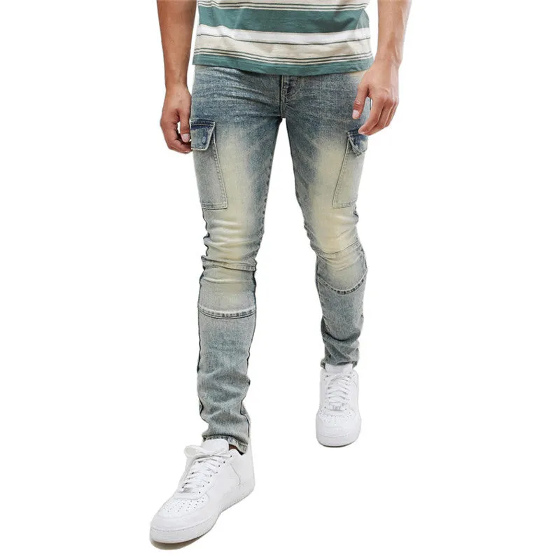 Fashion Skinny Men's Jeans Slim Mid Waisted Denim Straight Pants