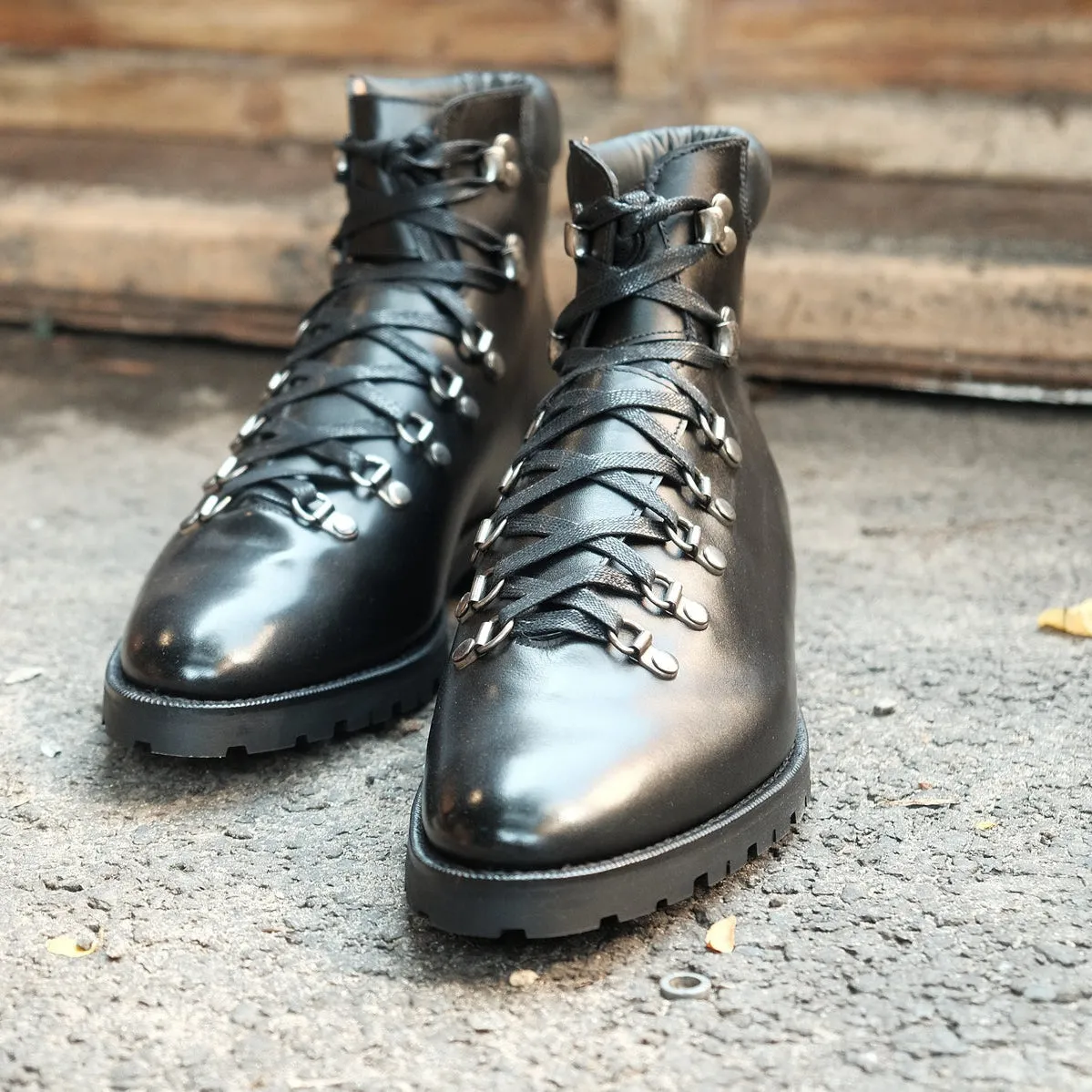 Height Increasing Black Leather Larett Chunky Hiking Combat Boots