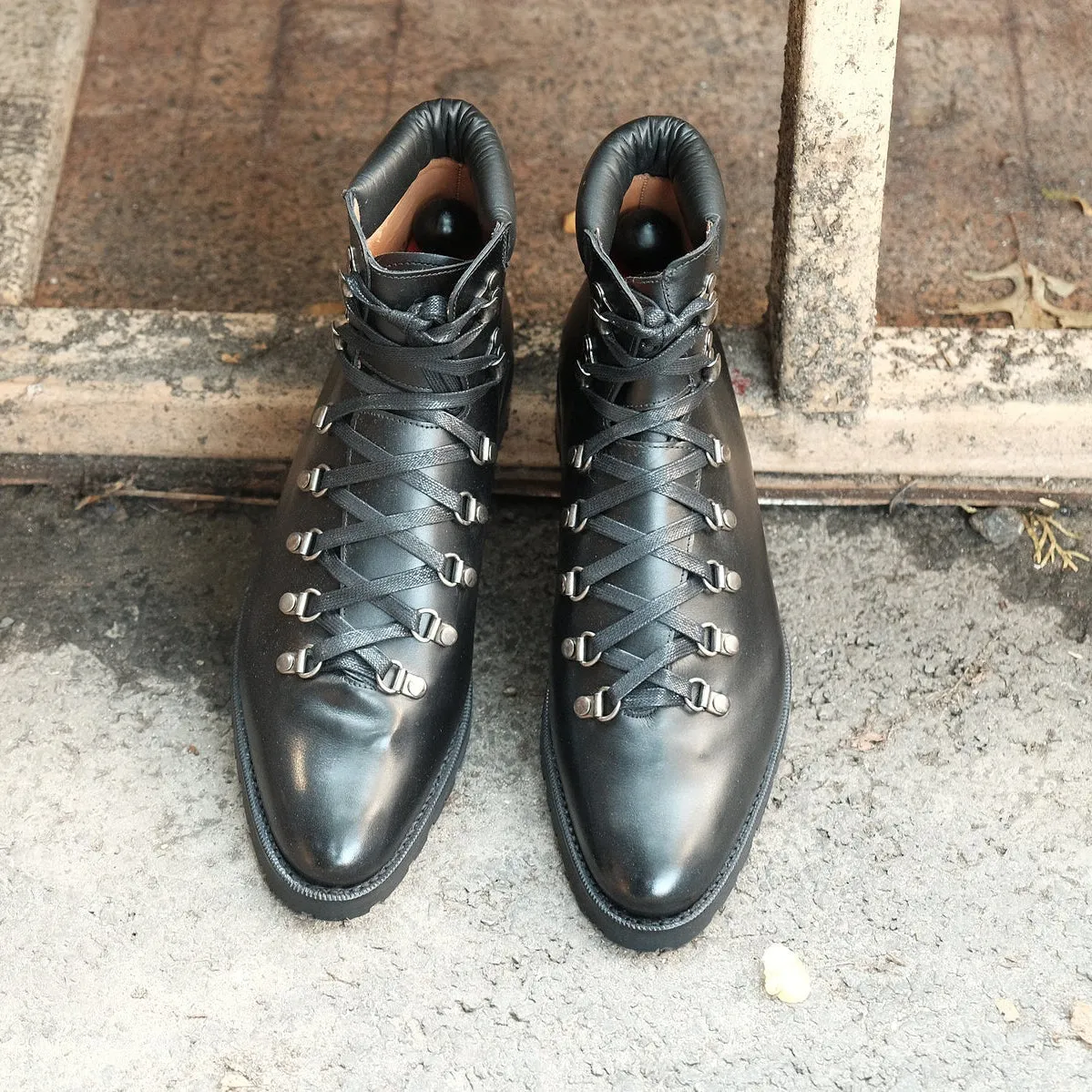 Height Increasing Black Leather Larett Chunky Hiking Combat Boots