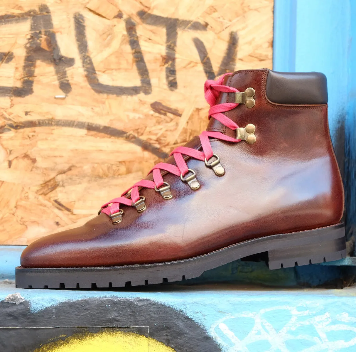 Height Increasing Brown Leather Larett Chunky Hiking Combat Boots