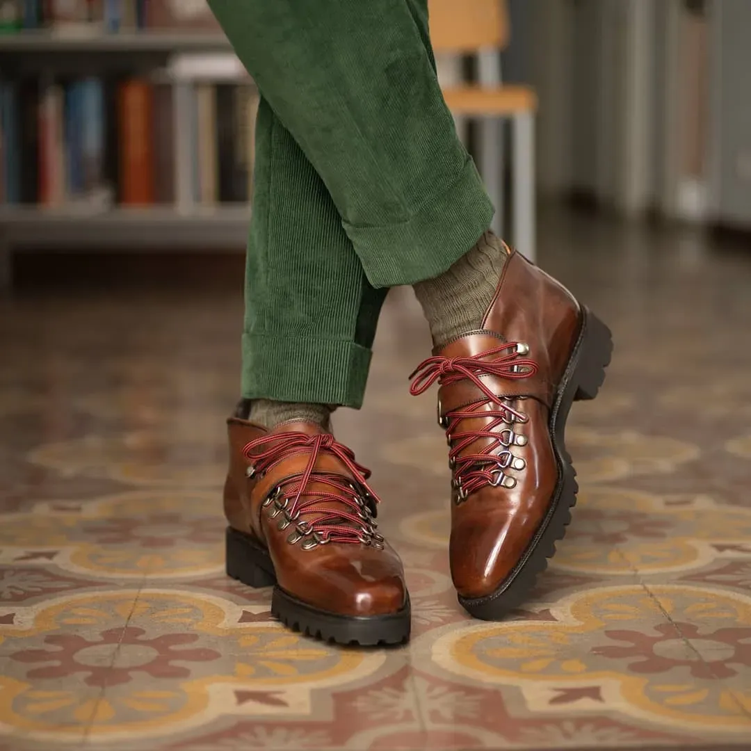 Height Increasing Tan Leather Devine Chunky Hiking Combat  Lace Up Boots