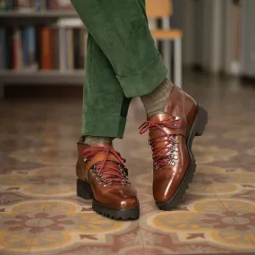 Height Increasing Tan Leather Devine Chunky Hiking Combat  Lace Up Boots