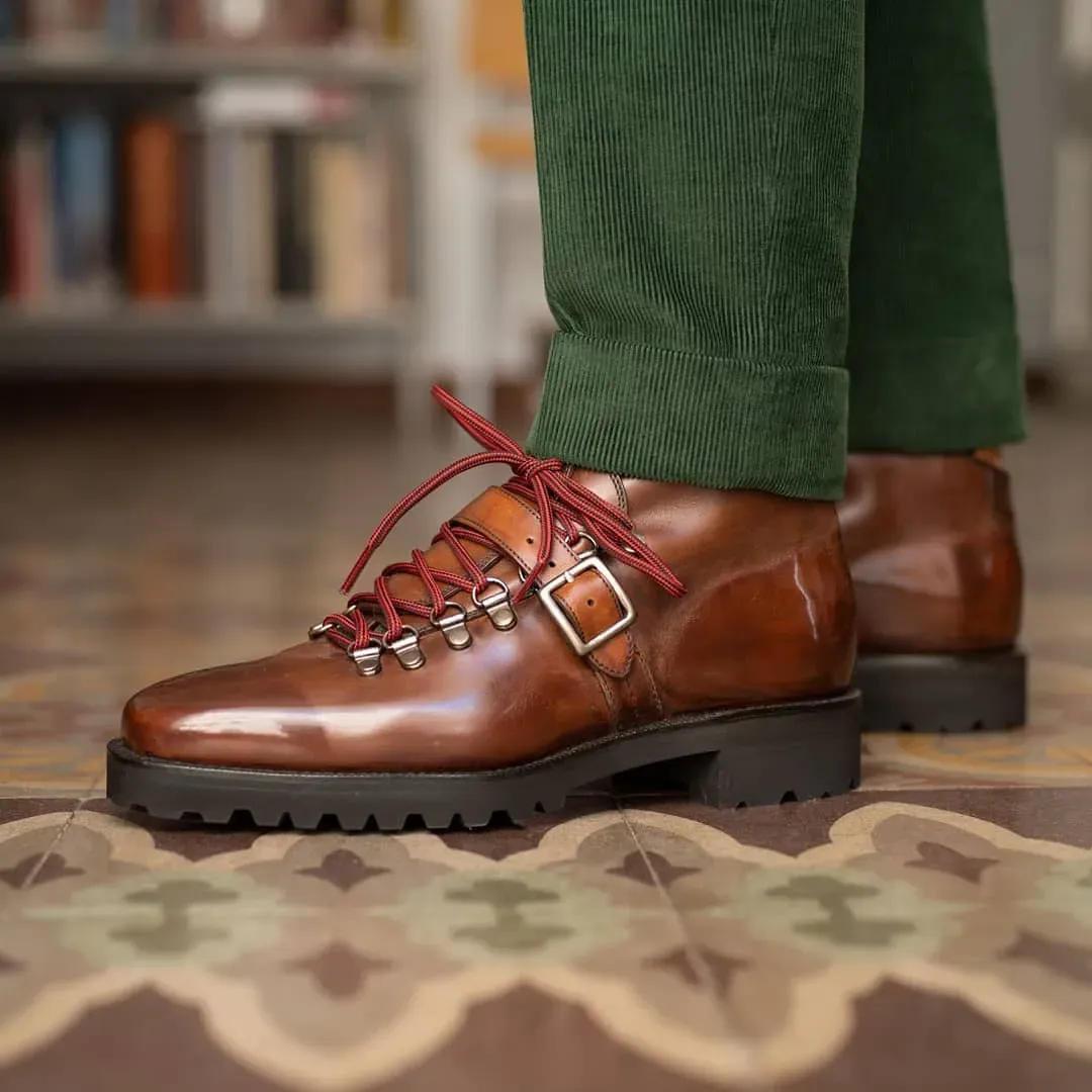 Height Increasing Tan Leather Devine Chunky Hiking Combat  Lace Up Boots