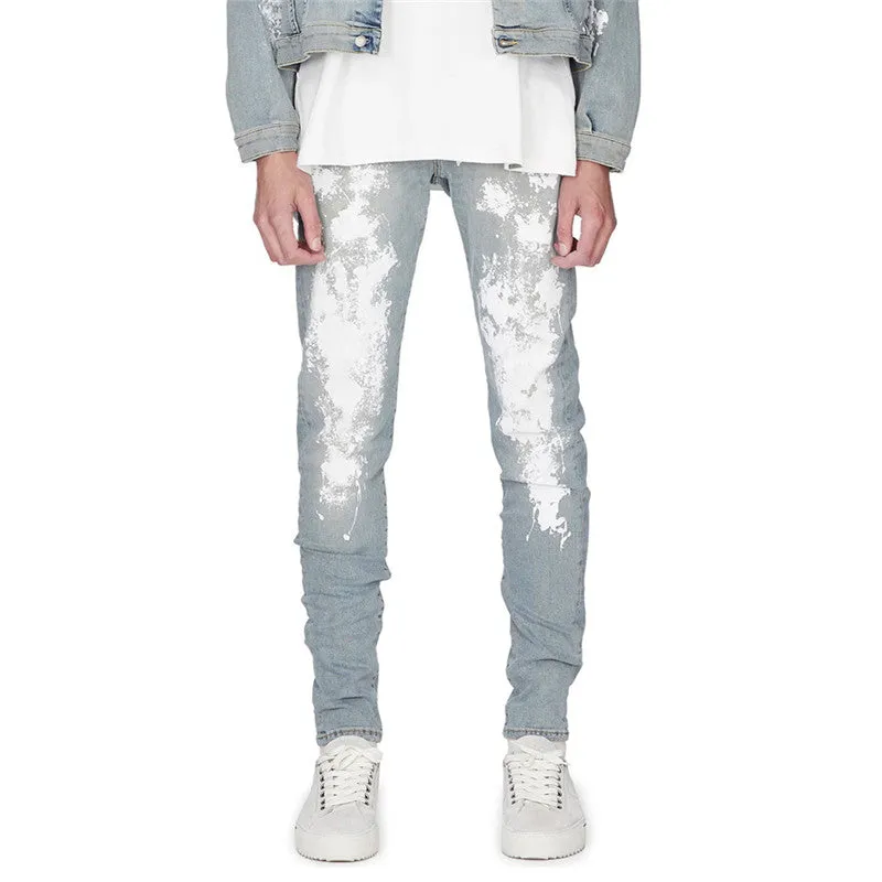 Individuality Printed Men's Jeans Elasticity Slim Fit Straight Pants