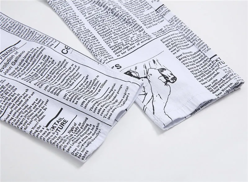 Letter Printed Men's Jeans White Mid Waist Streetwear Jeans