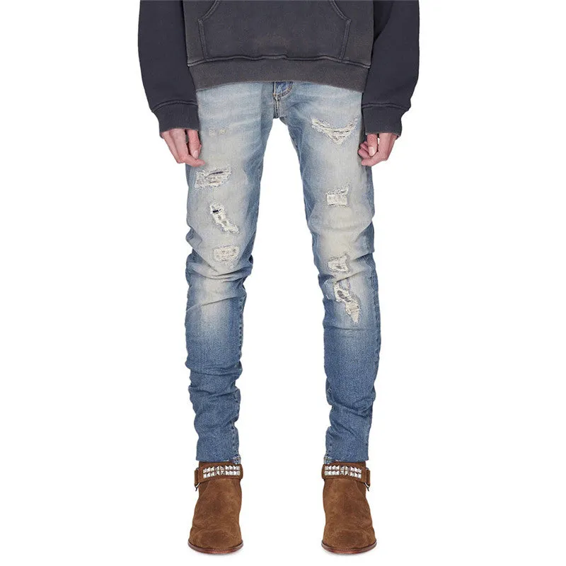 Men's Patch Ripped No Leakage Jeans Elasticity Straight Pants