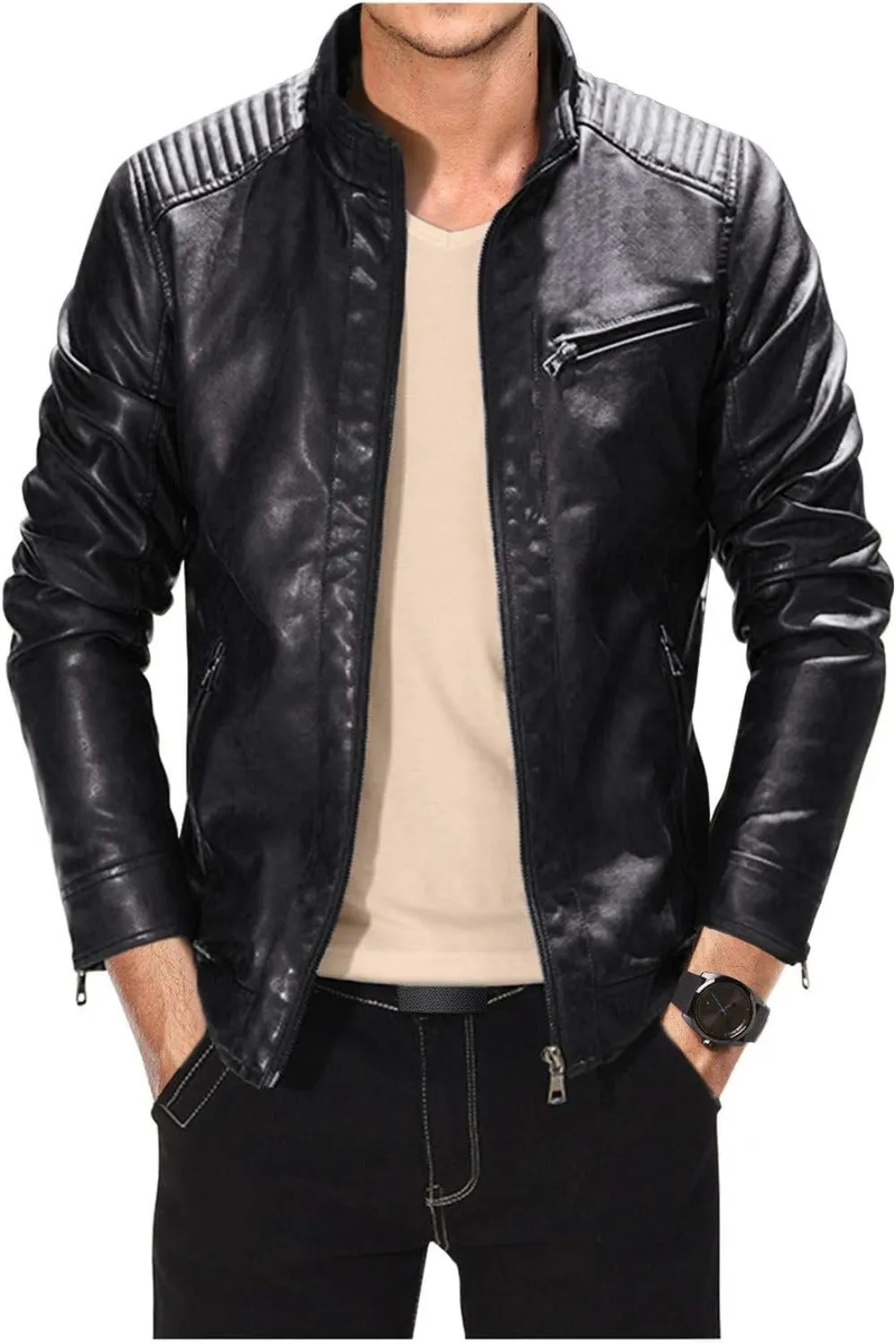 Men's Slim Fit Leather Lightweight Motorcycle Jacket