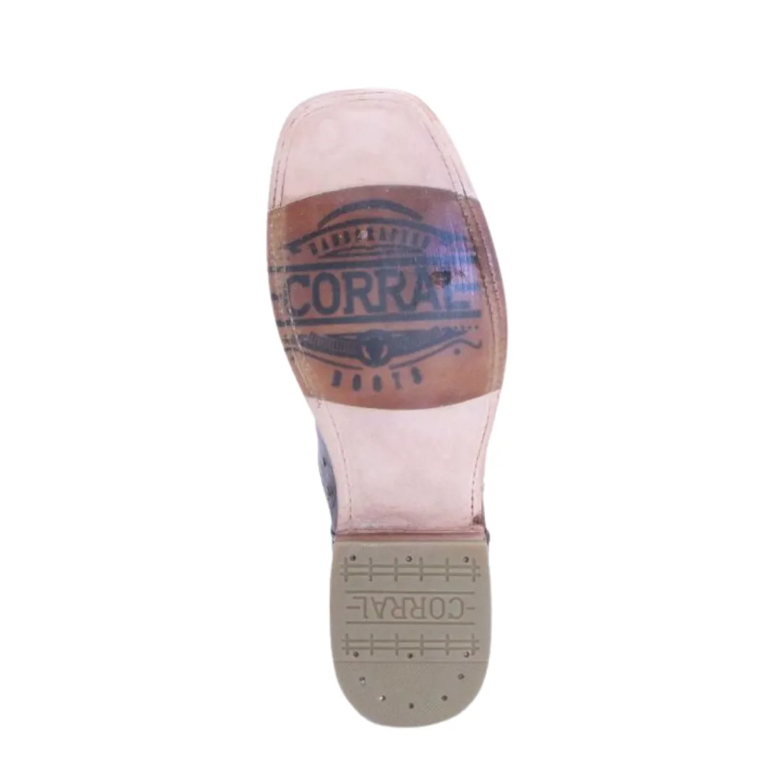 Men's Tan And Blue Square Toe Ostrich Western Boot By Corral A4052