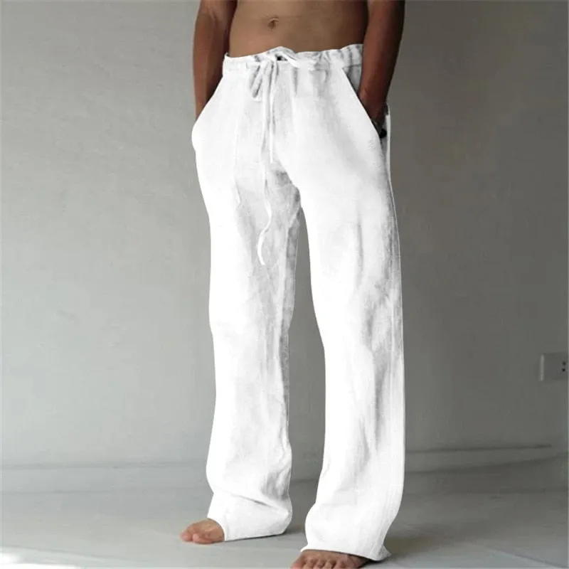 Men's White Lightweight Linen Drawstring Pants
