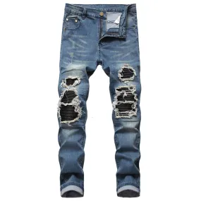 Mid Waist Jeans Long Men's Ripped Jeans Casual Pencil Pants