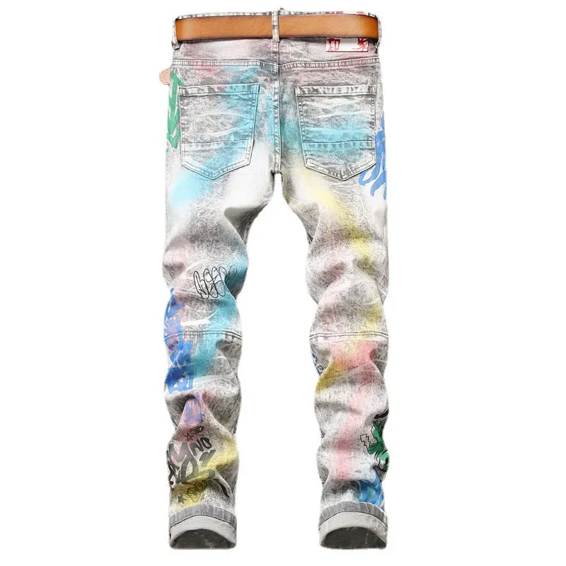 Paint Style Men's Ripped Jeans Embroidery Pencil Pants