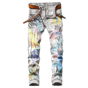 Paint Style Men's Ripped Jeans Embroidery Pencil Pants