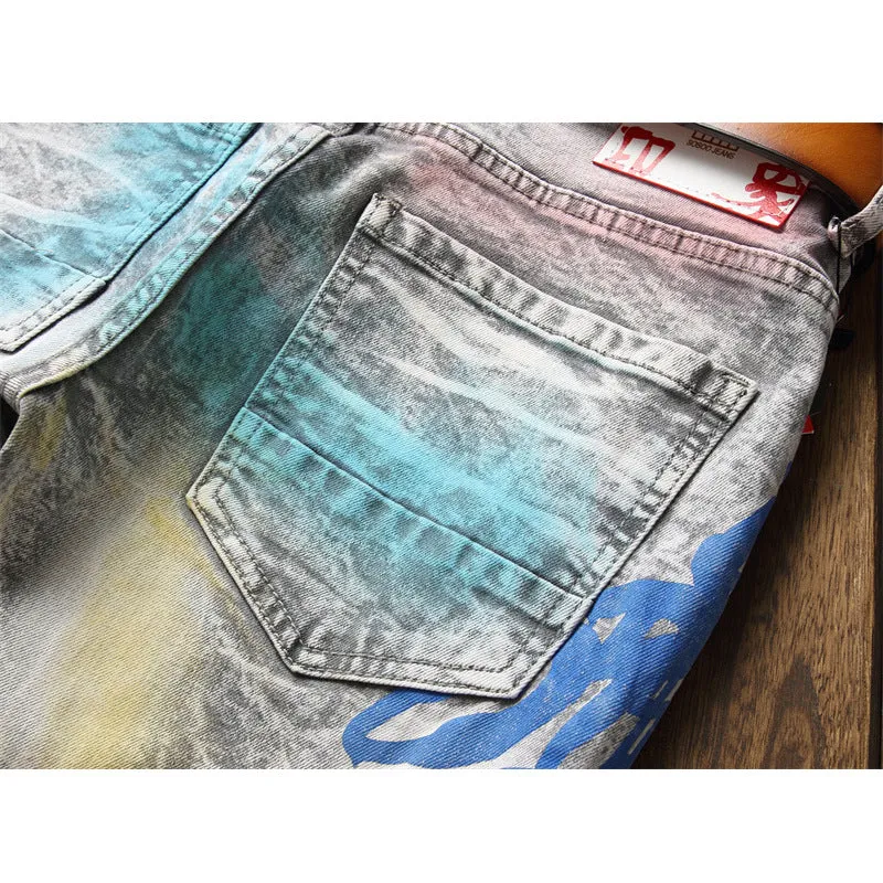 Paint Style Men's Ripped Jeans Embroidery Pencil Pants