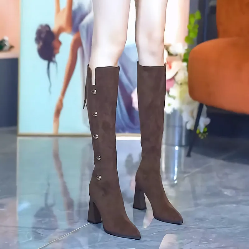 Pointed Toe Chunky Heel Warm Long Boots