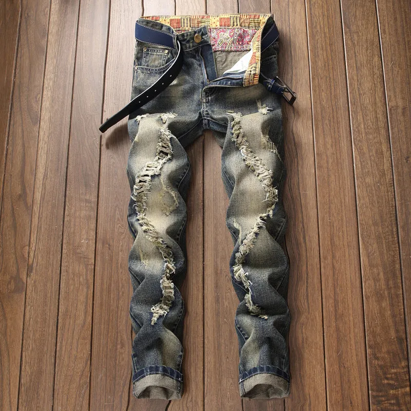 Retro Personality Straight Pants Mid Waist Men's Ripped Jeans