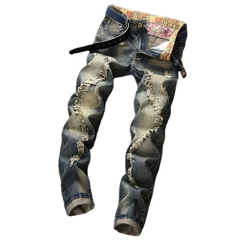 Retro Personality Straight Pants Mid Waist Men's Ripped Jeans