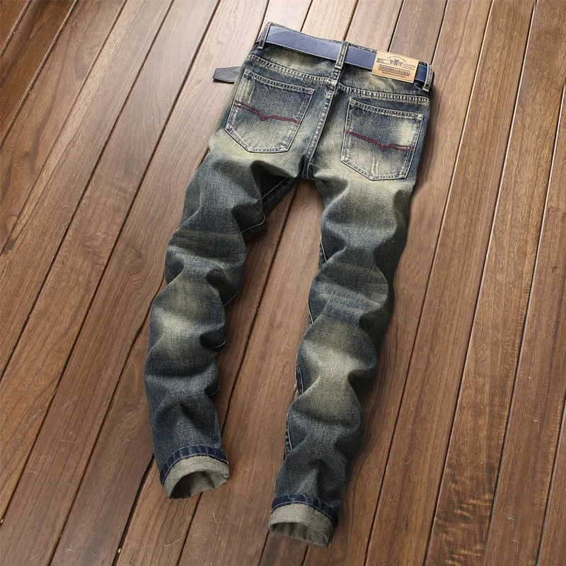 Retro Personality Straight Pants Mid Waist Men's Ripped Jeans