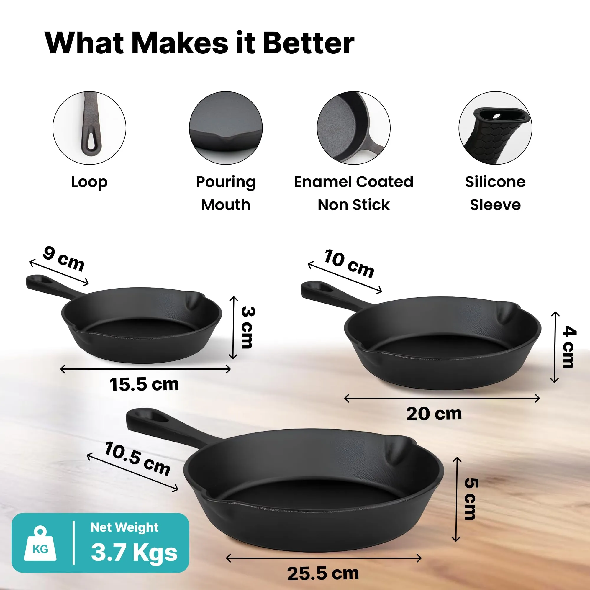 The Better Home Rustic Series Cast Iron Cookware Set (3Pcs) | Enamel Coated Cast Iron Deep Frying Pan (6"/8"/10") | Grill Pan | Cast Iron Skillet | Rust Proof Iron Egg Fish Fry Pan (Black)