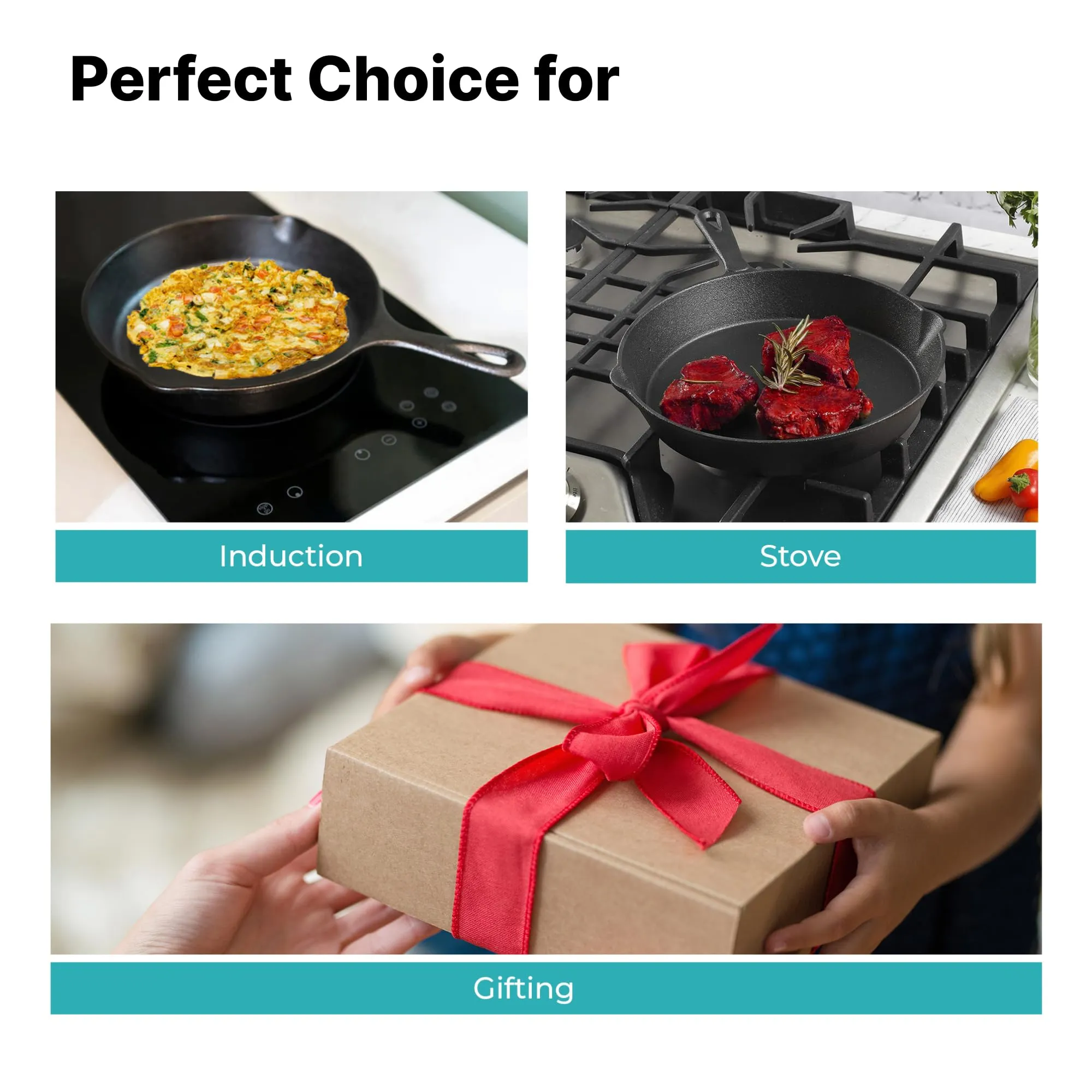 The Better Home Rustic Series Cast Iron Cookware Set (3Pcs) | Enamel Coated Cast Iron Deep Frying Pan (6"/8"/10") | Grill Pan | Cast Iron Skillet | Rust Proof Iron Egg Fish Fry Pan (Black)