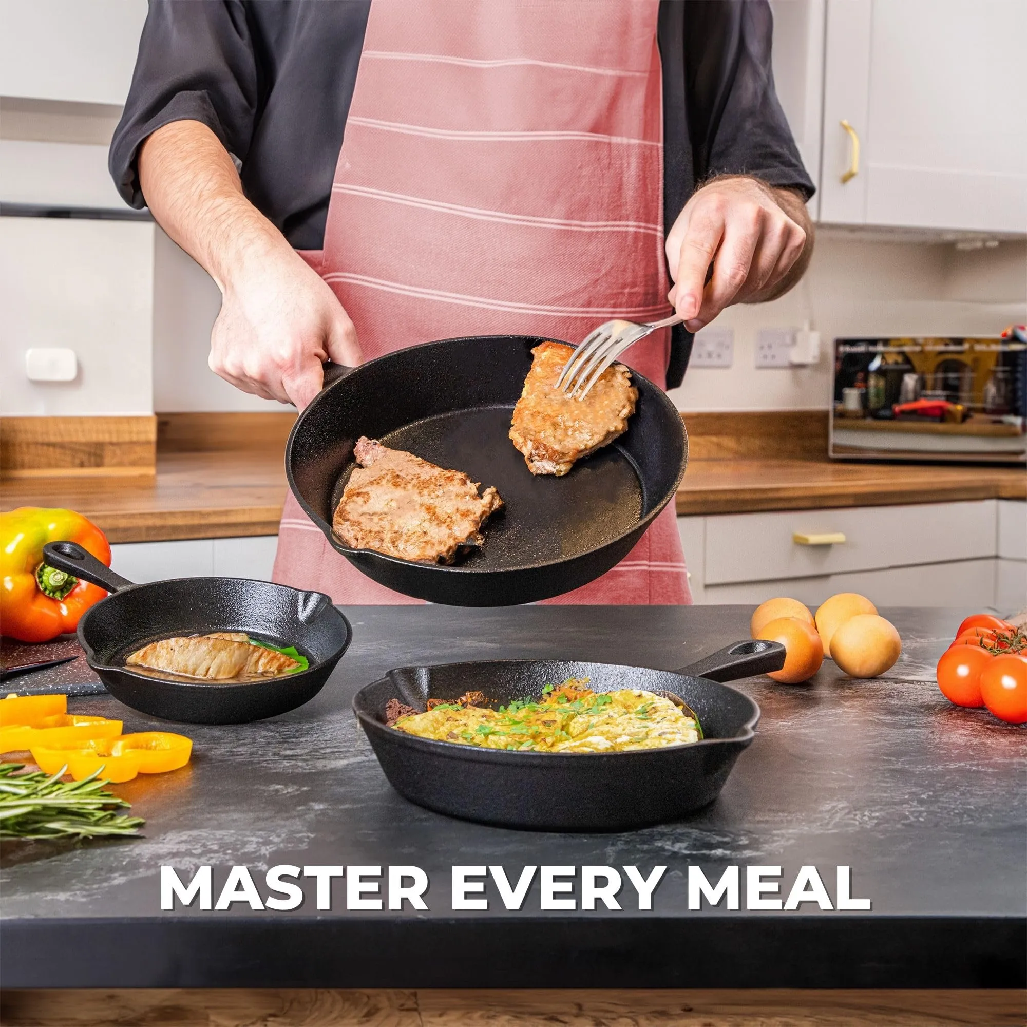 The Better Home Rustic Series Cast Iron Cookware Set (3Pcs) | Enamel Coated Cast Iron Deep Frying Pan (6"/8"/10") | Grill Pan | Cast Iron Skillet | Rust Proof Iron Egg Fish Fry Pan (Black)