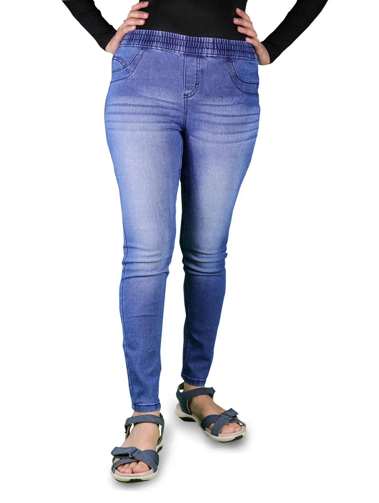 Women's Super Stretch Skinny Fit Pull-On Closure Denim Jeggings (Medium Blue)